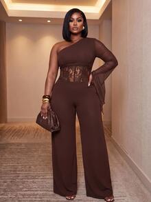 Slaydiva Plus Size Women's Lace Patchwork One Shoulder Casual Daily Jumpsuit - Brown - View 4