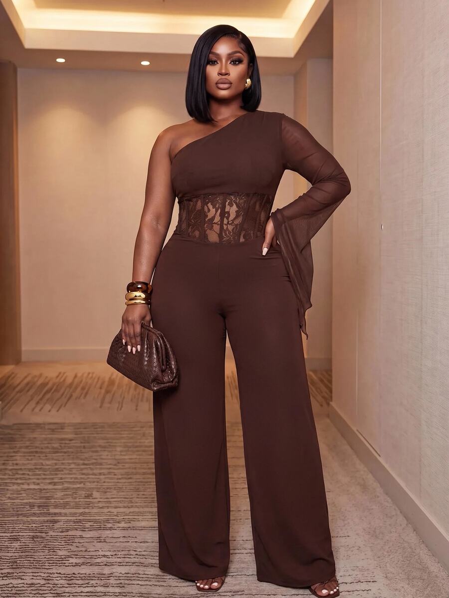 Slaydiva Plus Size Women's Lace Patchwork One Shoulder Casual Daily Jumpsuit - Brown - View 1