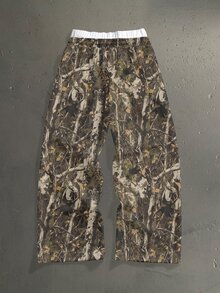 StoneGrade Jungle Branch Camo Curved Handwritten Font Casual Print Men's Standard Size Double Waistband Long Sweatpants - Olive Green - View 3