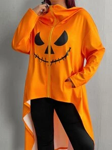 Whyspr Plus Size Halloween Pumpkin Graphic Print Jacket Fall - Orange - View 4