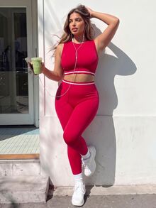 SHEIN Sovereign Charm Women's Plus Size Striped Cropped Tank Top And Leggings Sports Set - Red - View 4