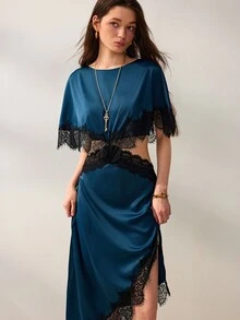 Willow Rêve Women's Green Batwing Sleeve Waist Cutout Contrast Lace Asymmetrical Hem Midi Dress - Green - View 4