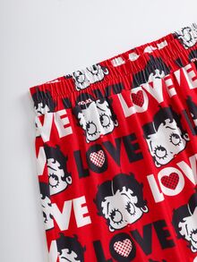 Betty Boop x SHEIN Plus Size Women's Short Sleeve T-Shirt And Shorts Pajama Set - Red - View 6