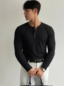 DAZY 春秋款長袖黑色純色針織面料T恤 - 黑色 - 查看 5