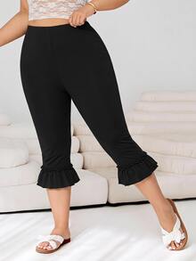 SHEIN EZwear 大尺碼休閒百搭純色荷葉邊褲腳長褲 - 黑色 - 查看 4