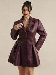 SHEIN BAE CURVE 大尺碼女款酒紅色PU皮革西裝洋裝 - 酒紅色 - 查看 6