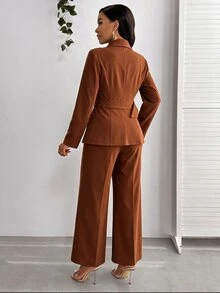 SHEIN Lady Women's Solid Color Lapel Neck Double-Breasted Jacket And Pants Suit Set - Brown - View 2