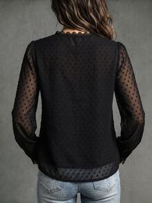 SHEIN Women's Fashion V-Neck Lace Patchwork Puff Sleeve Single-Breasted Blouse, Suitable For Daily Commute, Date, Casual Gathering - Black - View 2
