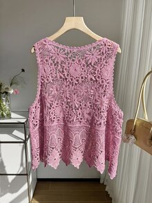 SHEIN EZwear 大尺碼女款春夏刺繡鏤空針織背心 - 藕粉色 - 查看 2