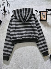 IslaSuriya Casual Loose Drop Shoulder Striped Sweatshirt - Black - View 2
