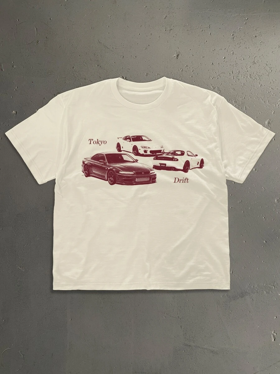 StoneGrade Vintage JDM Sports Car Negative Effect Silhouette Men's Plus Size Light Apricot Drop Shoulder Short Sleeve T-Shirt - Apricot - View 1