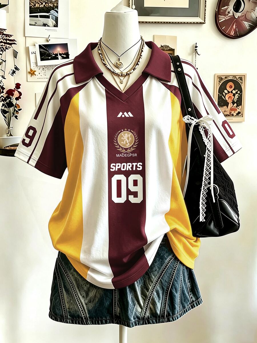 Lalippa 運動風條紋數位印花時尚簡約女款翻領V領落肩短袖T恤,送給朋友的禮物 - 彩色 - 查看 1