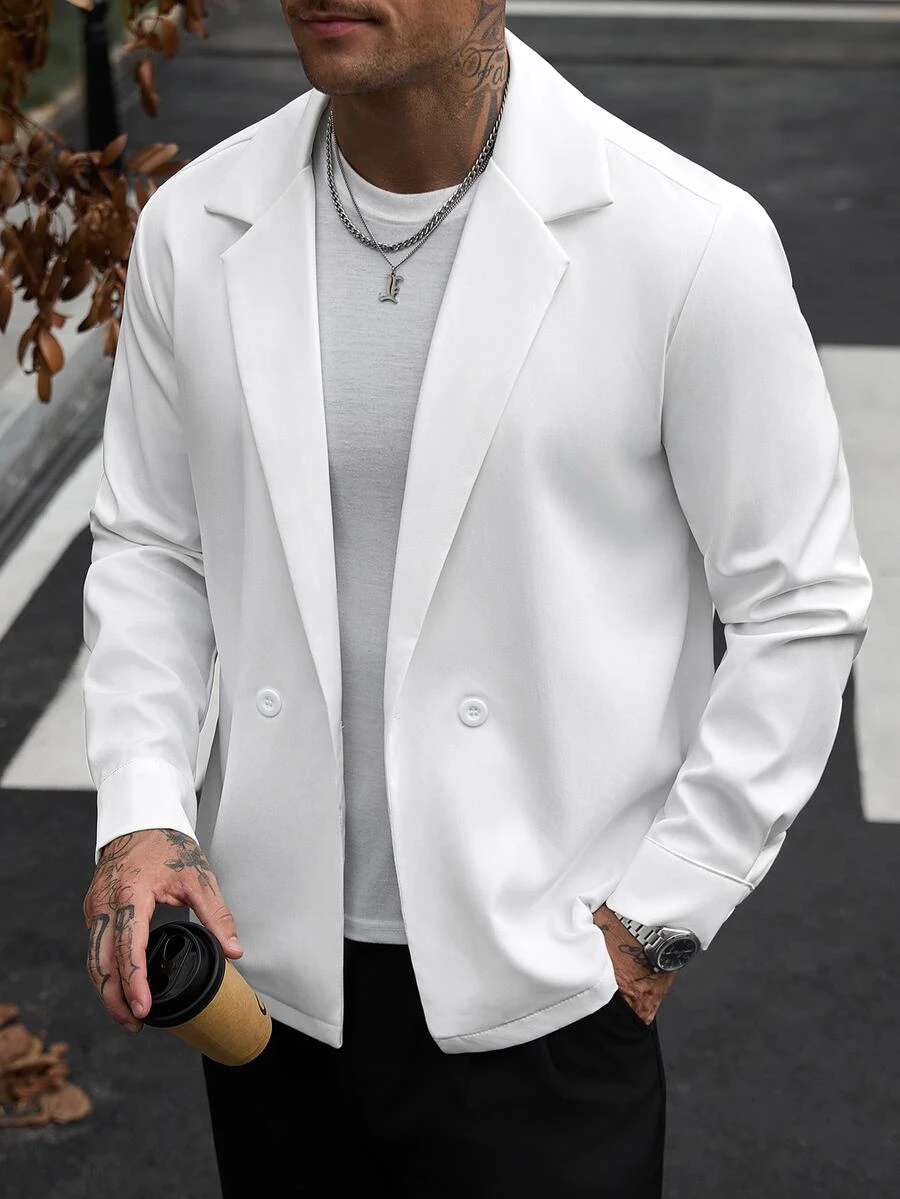 Manfinity CasualCool Men's Autumn Casual Solid Color Double-Breasted Shirt - White - View 1
