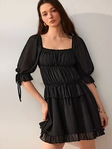 Willow Rêve Women's A-Line Black Mini Dress,Solid Color,Pleated Square Neck,Ruffle Short Sleeves,Summer Western Boho Romantic Elegant Casual,Vacation Party - Black - View 6