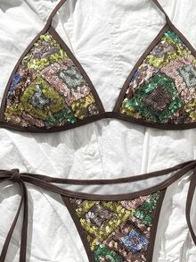 SHEIN Unity 女款亮片掛脖比基尼套裝，2合1性感熱帶海灘度假派對棕色夏季 - 彩色 - 查看 10