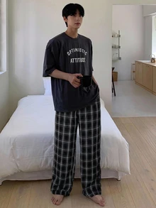 DAZY 男士春秋黑色格紋刷毛布料鬆緊腰長款居家休閒長褲 - 黑色 - 查看 3