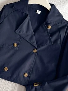 SHEIN Elladie kids 青少年女孩秋季純色翻領長袖雙排扣休閒短版風衣，度假風 - 藏蓝色 - 查看 5