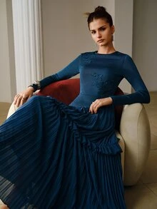 ZEYLAH Women's Solid Color Pleated Elegant Waist-Cinching Party Dress - Teal Blue - View 7