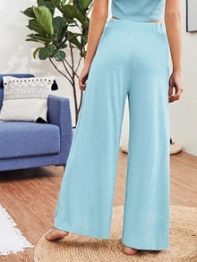 SHEIN Essnce Casual Versatile Solid Color Wide Leg Long Pants - Mint Blue - View 2