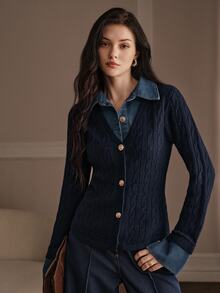 Anewsta Women's Navy Blue Knit POLO Collar Turn-Down Collar 2 In 1 Cardigan Sweater Casual Sweater Jacket, Autumn/Winter - Navy Blue - View 6