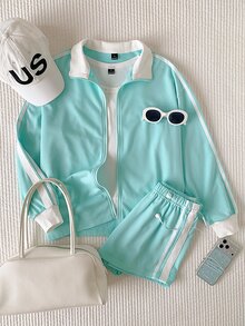 Comfortcana Fall Back To School Preppy Campus Zip Up Stand Collar Side Stripe Mint Green White 3 Pieces Athleisur - Mint Green - View 5