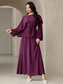 Veilorie Women's Solid Color Asymmetric Design Long Sleeve Top And Skirt Elegant Arabic Outfit Set - Purple - View 7