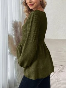 SHEIN 孕婦休閒純色燈籠袖針織衫，秋冬款 - 綠色 - 查看 6