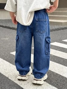 SHEIN 兒童小男孩休閒日常穿著工裝牛仔長褲，附口袋與鈕扣 - 深色水洗藍 - 查看 2