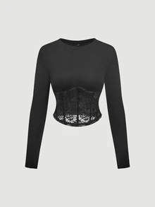 SHEIN MOD تي شيرت أسود من الدانتيل مع فتحات عند الخصر وأكمام طويلة ضيقة - الأسود - مشاهدة 1