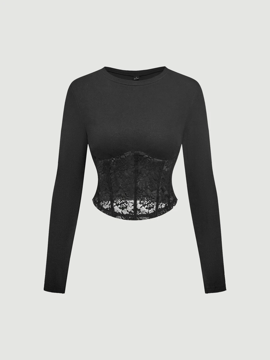 SHEIN MOD تي شيرت أسود من الدانتيل مع فتحات عند الخصر وأكمام طويلة ضيقة - الأسود - مشاهدة 1