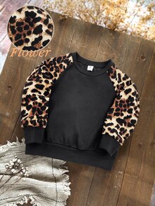 SHEIN 少女豹紋插肩長袖運動衫 西式女童服飾 適合秋冬日常活動、戶外、學校、度假與鄉村穿著 - 彩色 - 查看 4