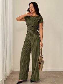 SHEIN PETITE 女款橄欖綠圓領不對稱下擺襯衫與寬腿褲套裝 教師節 辦公室工作 商務 夏季休閒 商務專業 - 軍綠色 - 查看 3