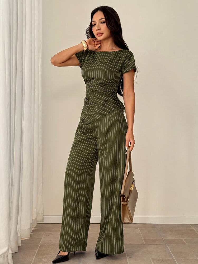 SHEIN PETITE Women's Olive Green Round Neck Asymmetric Hem Shirt And Wide Leg Pants Set Teachers' Day Office Work Business Summer Casual Business Professional - Army Green - View 3