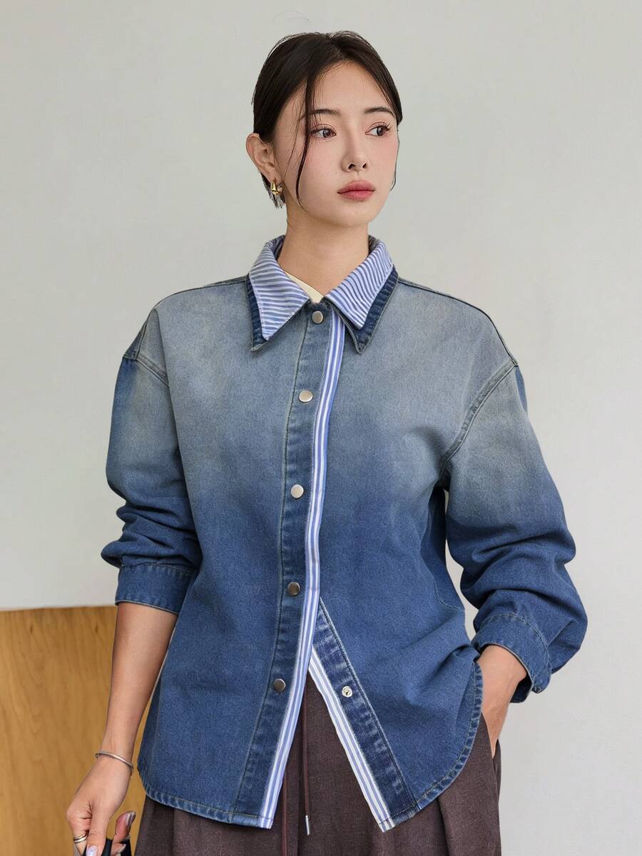 Dazy-Less Women's Light Blue D Patchwork Denim Top Business Casual Streetwear School Fall Everyday - Blue - View 1
