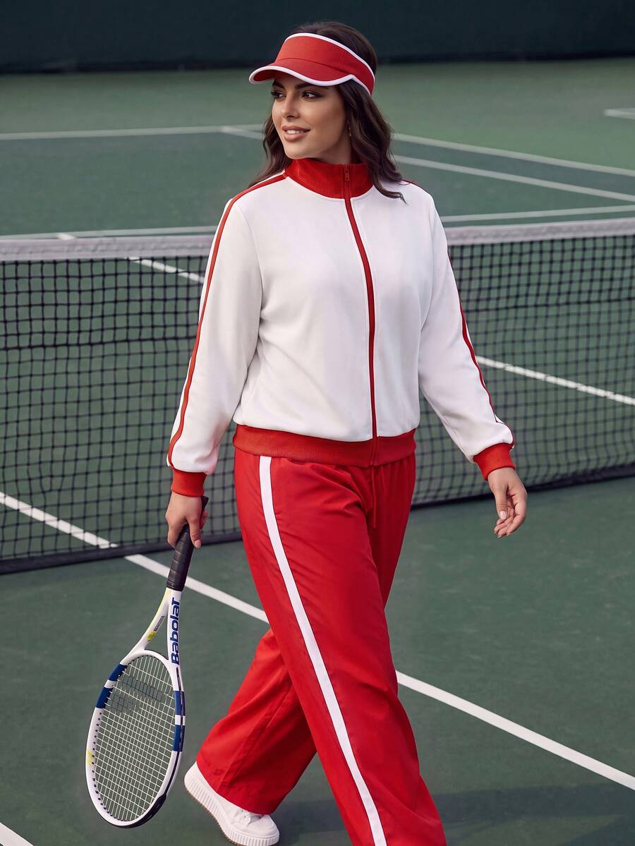 EMERY ROSE Plus Size Women's Colorblock Zipper Casual Racing Smart Casual Sport Daily Teacher Club Office Long Sleeve Jacket White Autumn - White - View 1