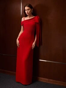MOTF PREMIUM ELEGANT COMMUTER BOW DECOR LONG DRESS - Red - View 8