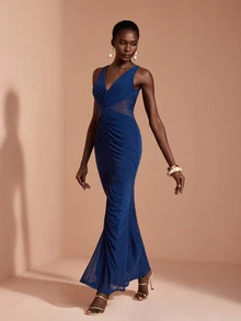 JIAN LASALA Mesh V Neckline Ruched Cutout Sleeveless Elegant Long Dress Vacation Party - Blue - View 6