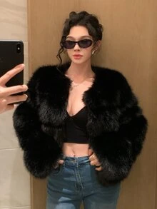 DAZY Solid Color Loose Long Sleeve Casual Vacation Elegant Autumn/Winter Thick Faux Fur Coat For Women - Black - View 5