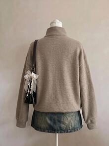 SHEIN EZwear 休閒極簡學院風駱駝色毛絨質感對比黑色拉鍊半開襟女款長袖衛衣，適合秋冬穿著 - 駝色 - 查看 2