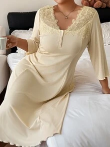 Napfluff CURVE Napfluff CURVE Plus Size V-Neck Nightgown With Heavy Floral Collar Decor, Lettuce Edge And Small Front Opening - Apricot - View 4