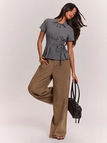 SHEIN BAE Women's Striped Button Design Side Waist Knot Short Sleeve Shirt - Dark Grey - View 5