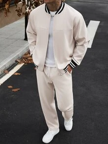 Manfinity CasualCool 男士秋季休閒夾克與長褲套裝 - 杏色 - 查看 6