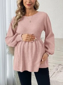 SHEIN Sweater Hamil Warna Polos Leher Bulat Lengan Panjang dengan Hiasan Ruffle di Bagian Bawah - Berwarna merah muda - View 1