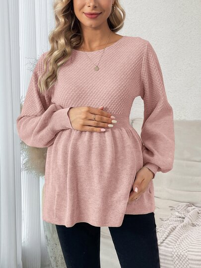 SHEIN 임산부용 솔리드 컬러 라운드 넥 긴팔 러플 헴 스웨터