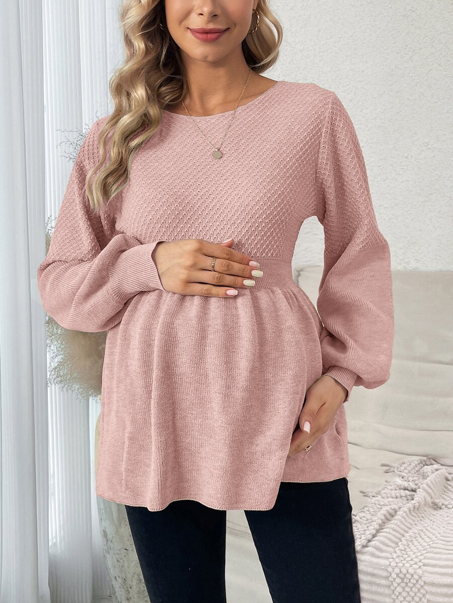 SHEIN Sweater Hamil Warna Polos Leher Bulat Lengan Panjang dengan Hiasan Ruffle di Bagian Bawah - Berwarna merah muda - View 1