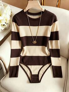 Resyla Fashionable Retro Casual Basic Round Neck Apricot & Brown Color Block Print Bodysuit - Multicolor - View 1
