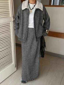 Strévra Women's Colorblock Lapel Single-Breasted Jacket And Skirt Casual 2 Pieces Set - Grey - View 7