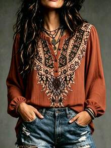 SHEIN Holidaya Fall Shirts Outdoor Tops Country Style Napoleon Mexican Women's Casual Boho Rust Vacation - Orange - View 2