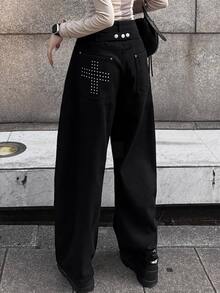 FRIFUL Celana Jeans Denim Kasual Wanita dengan Saku Motif Silang dan Hem Melengkung - Hitam - View 4