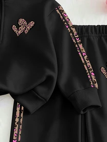Girls' Half-Zip Stand Collar Sweatshirt Set, Cool Black Base Color With Leopard Print Heart Decor, Leopard Print Ribbon Splicing Design On Sleeves And Pants Sides. Half-Zip Top Paired With Matching Wide-Leg Long Pants, Sweet And Cool Style, Suitable For Daily School, Outings, And Versatile Autumn/Winter Two Pieces Set For Young Girl - Multicolor - View 5